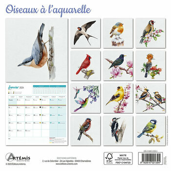 Calendrier 2024 Dessin aquarelle oiseau Calendrier 2024 Dessin aquarelle oiseau