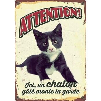 Plaque métal décorative Chaton noir et blanc