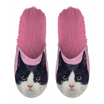 Chaussons Chat noir et blanc fond rose