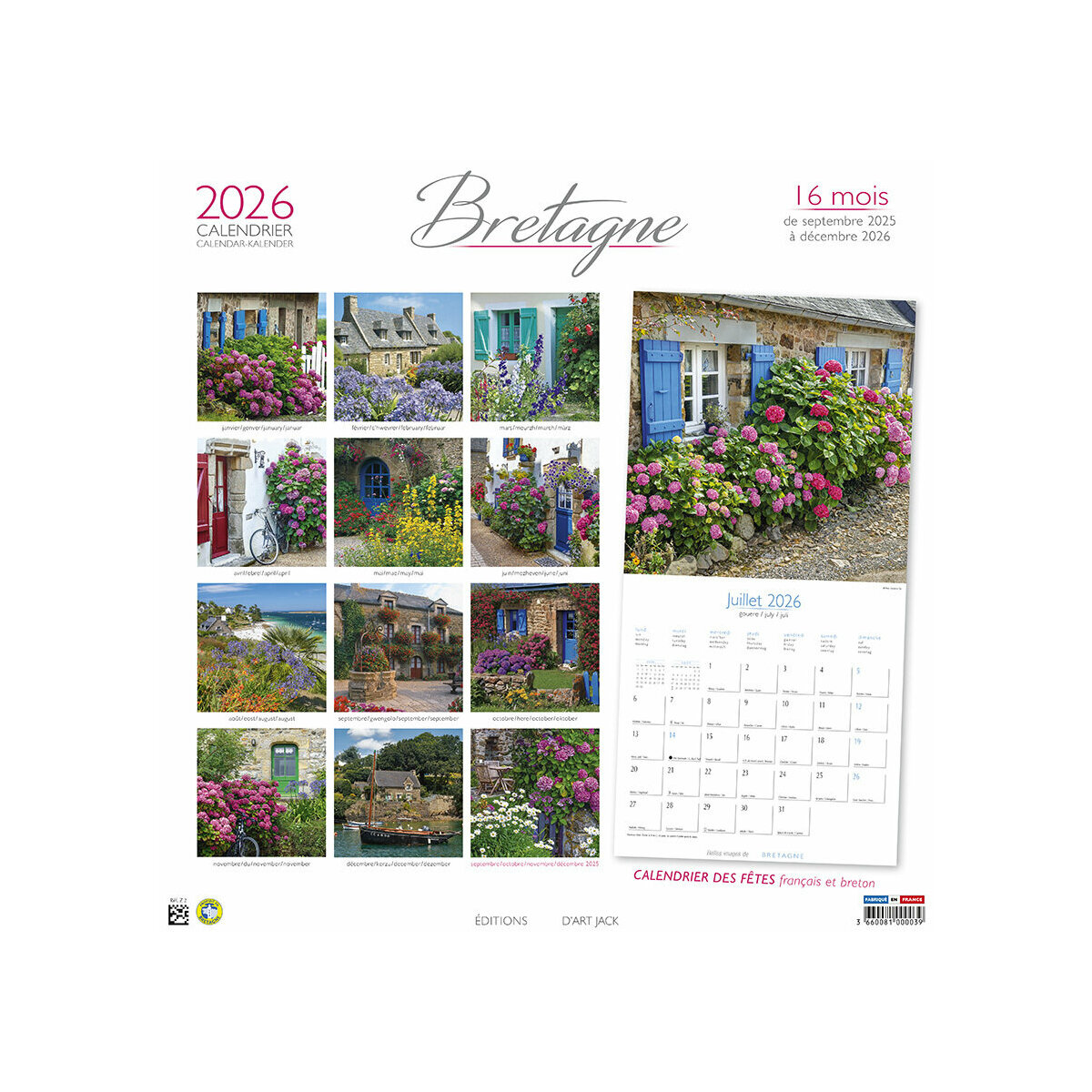 Calendrier Mural 2025 Bretagne Maison Fleurie Hortensias Chaumière