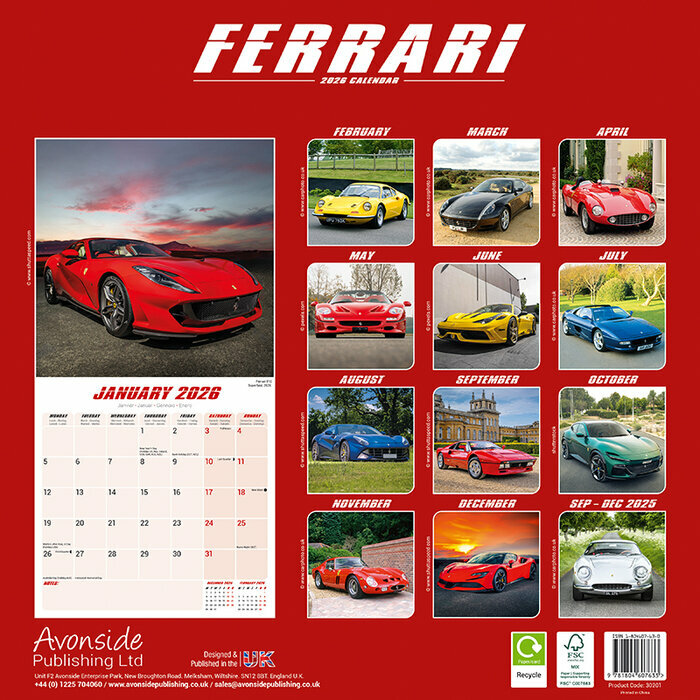 Calendrier 2026 papier Voiture Ferrari Roug