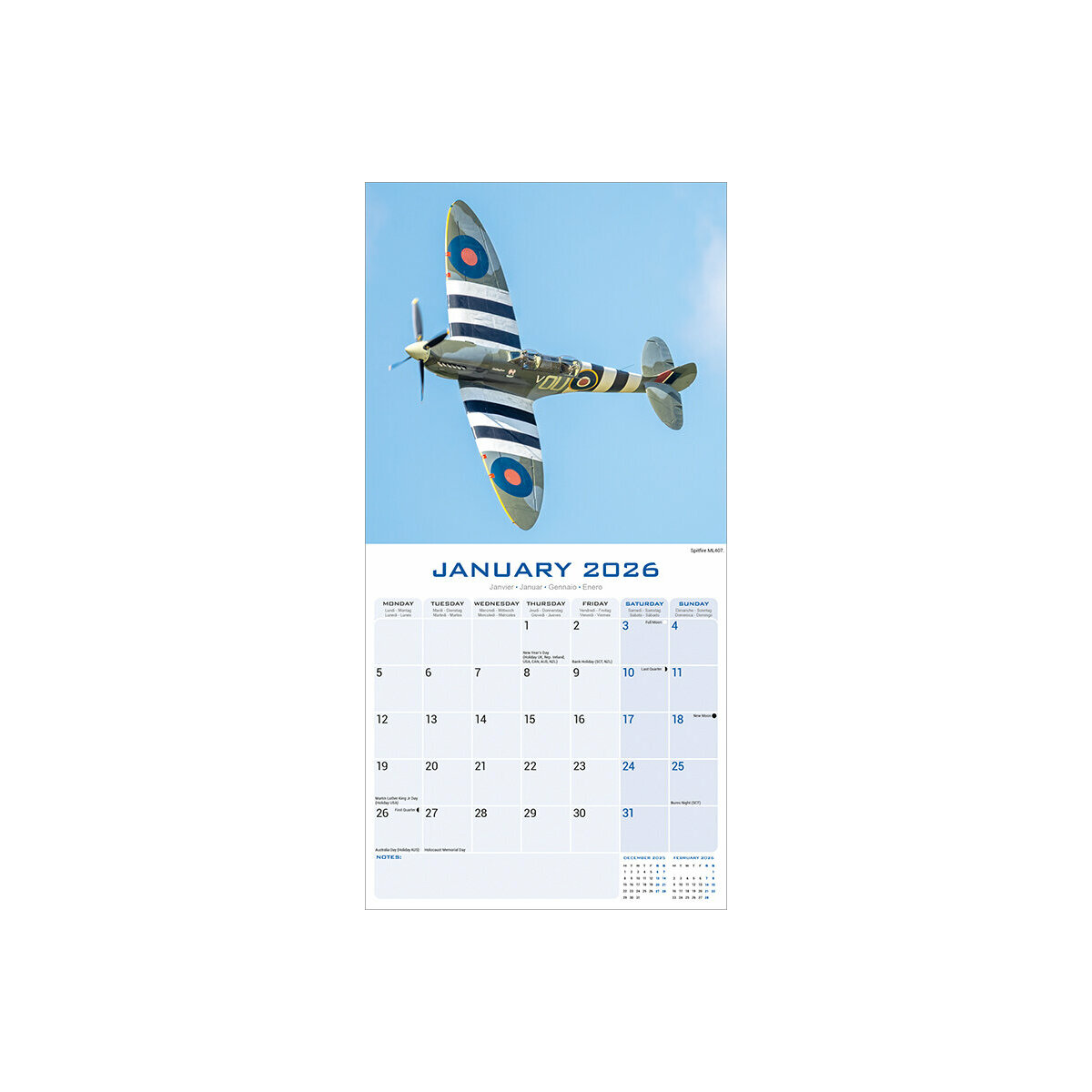 Calendrier Mural 2025 Avion Militaire Spitfire Avion Guerre