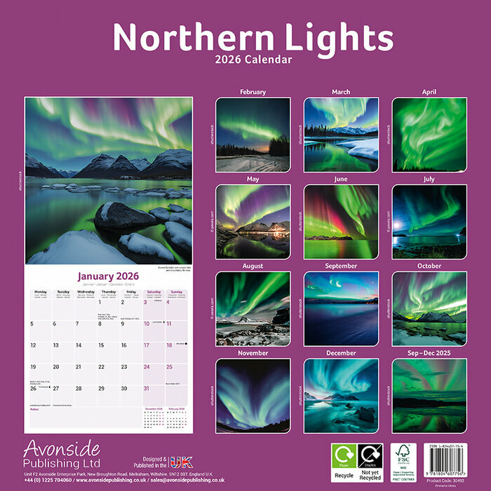 Calendrier 2026 papier Aurores Borales Lumire
