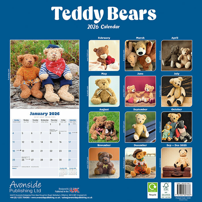 Calendrier 2026 papier Oursons Peluches Rtro