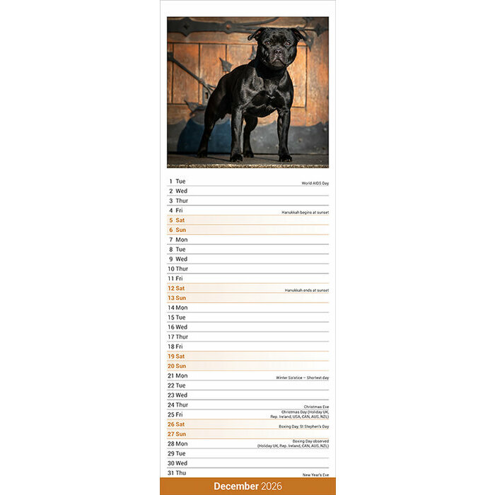 Calendrier Slim papier Staffordshire Bull Terrier 2026