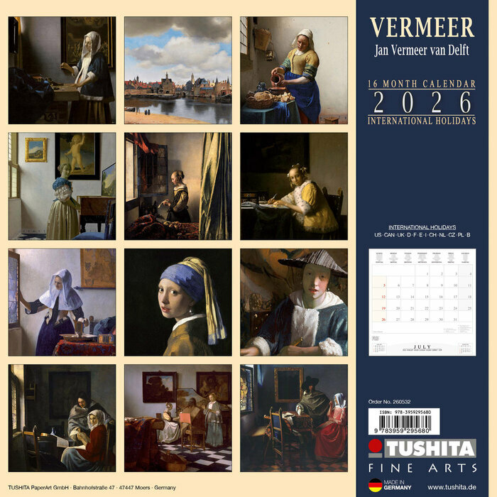 Calendrier Papier 2026 Vermeer La Fille  la Perle