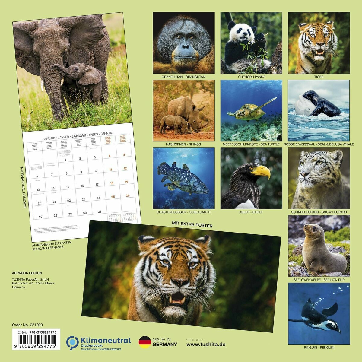 Calendrier Mural 2025 Animaux en Voie de Disparition avec Poster Offert
