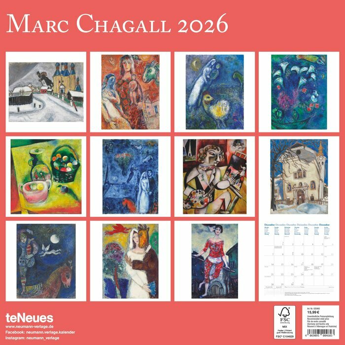 Calendrier Papier 2026 Artiste Marc Chagall
