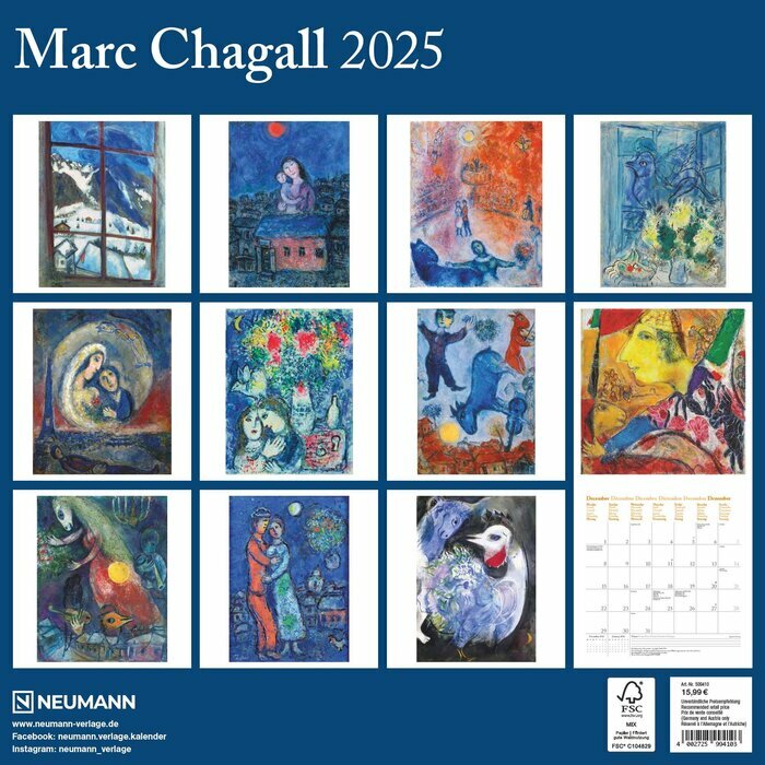 Calendrier Mural 2025 Artiste Marc Chagall