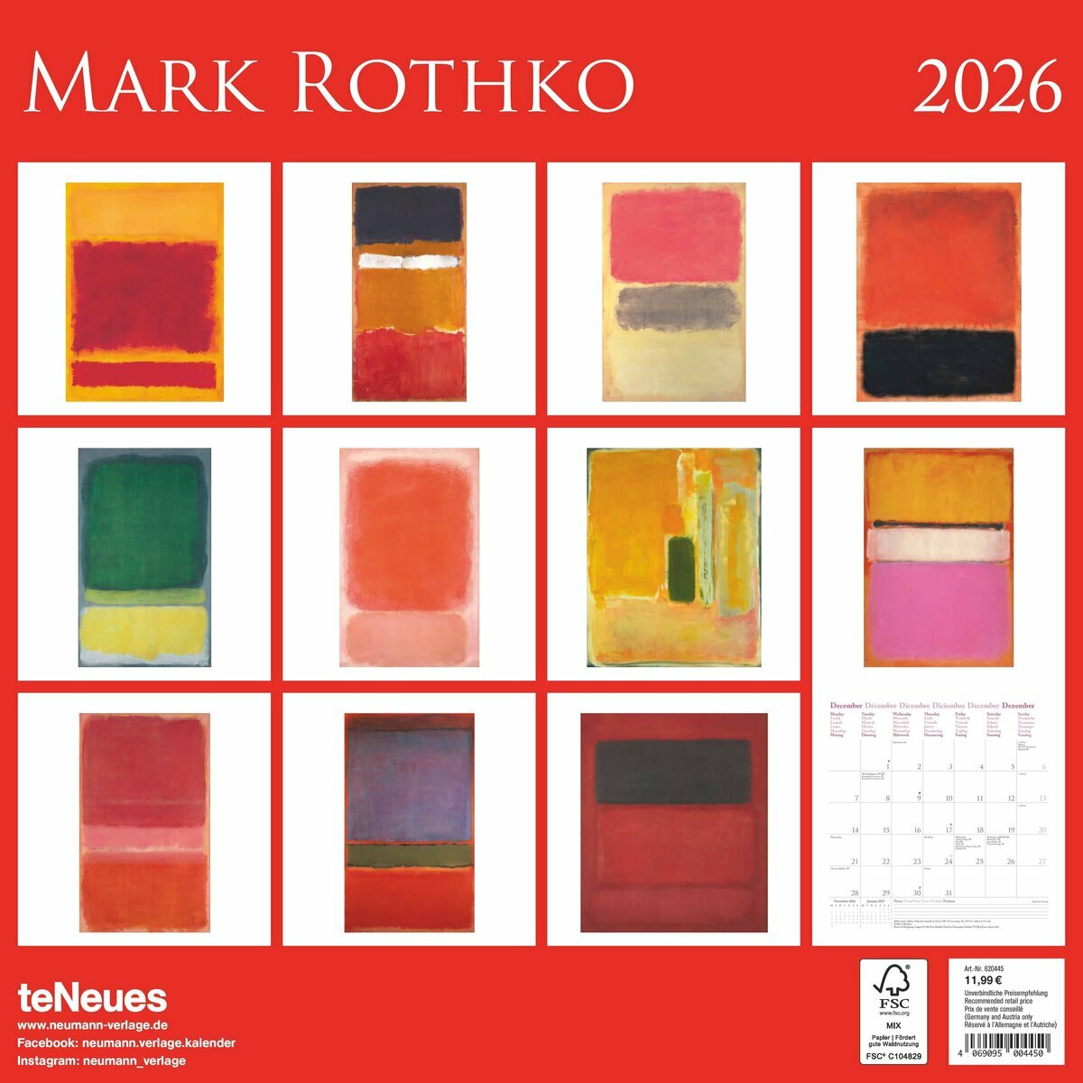 Calendrier Mural 2025 Artiste Mark Rothko Art Abstrait Couleur Moderne