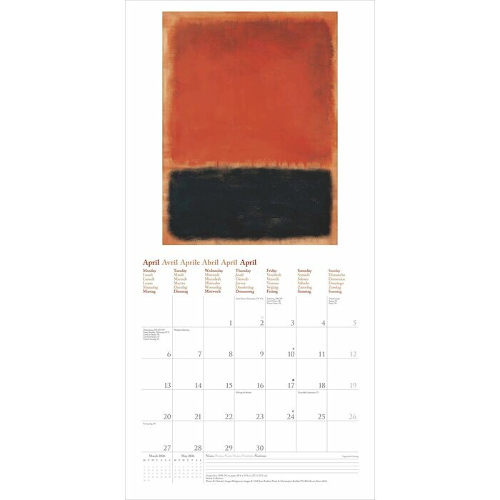 Calendrier Mural 2026 Artiste Mark Rothko