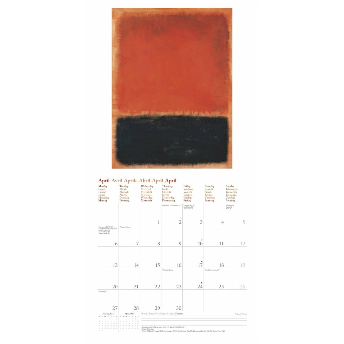 Calendrier Mural 2025 Artiste Mark Rothko Art Abstrait Couleur Moderne