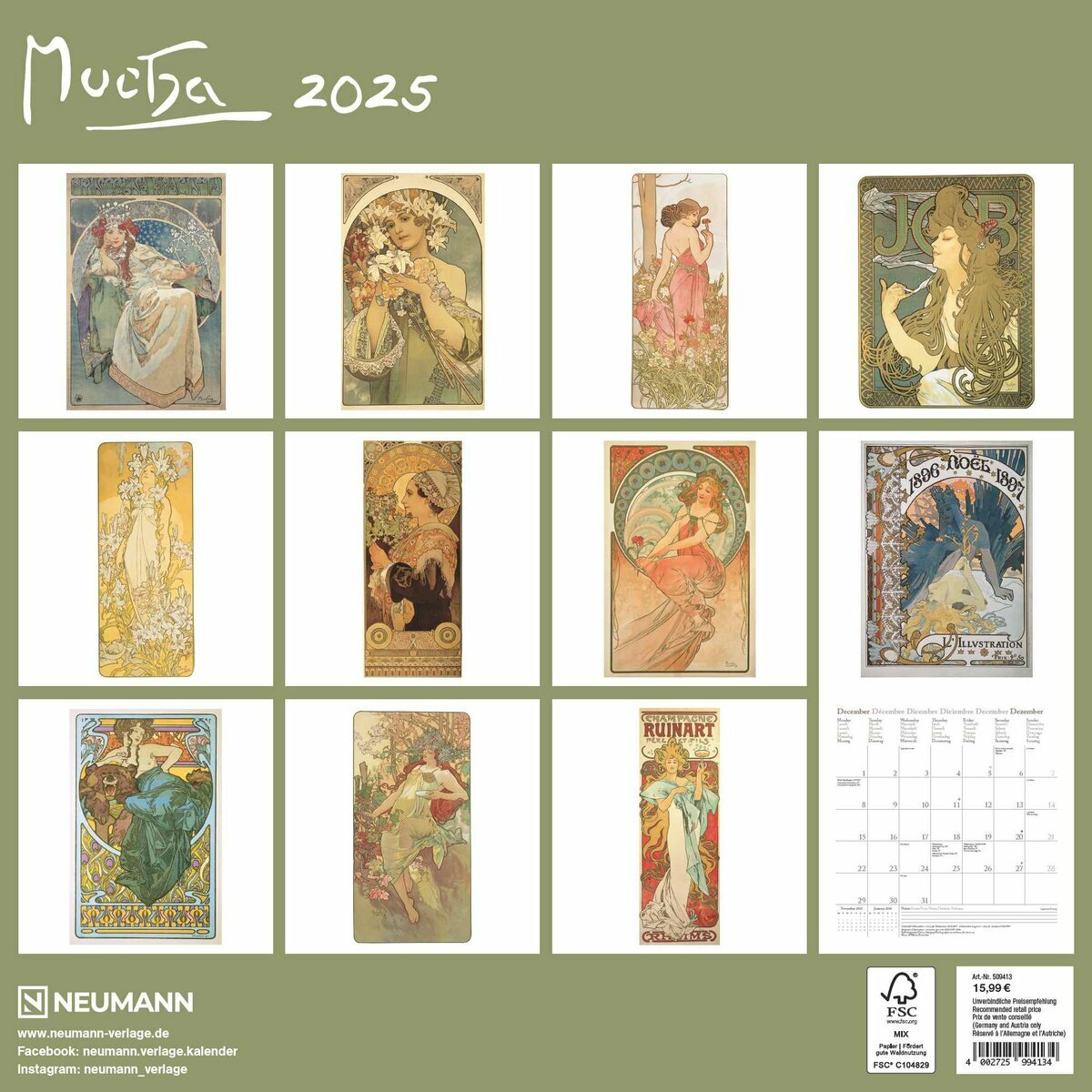 Calendrier Mural 2025 Artiste Alphonse Mucha Belle Epoque Art Nouveau