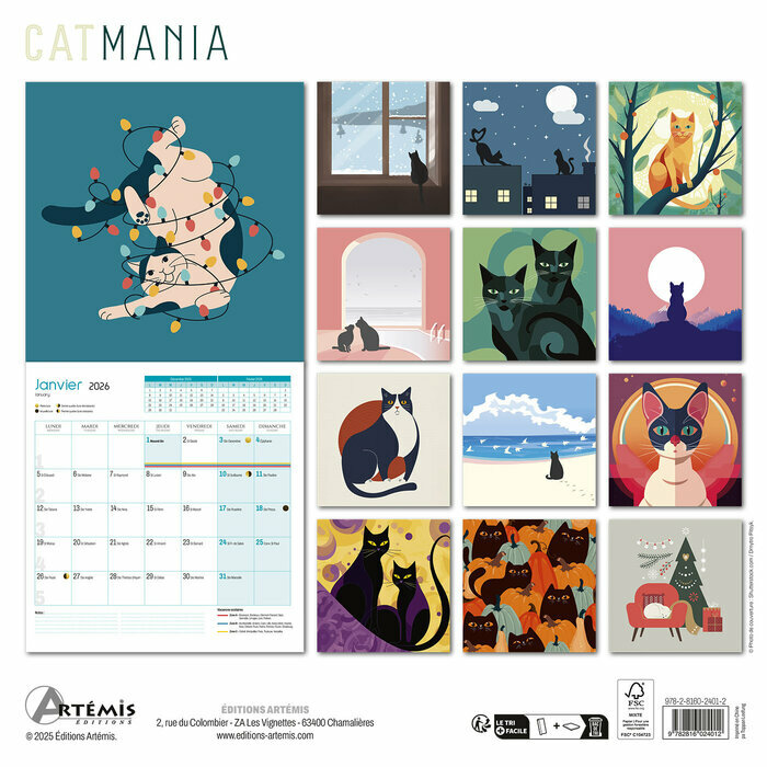 Calendrier Français 2026 Dessin Chats illustrations