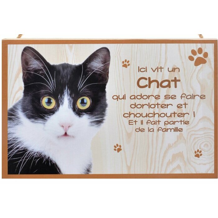Plaque Bois Dcorative Chat (noir et blanc)
