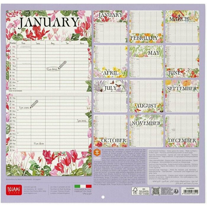 Calendrier Familial Organisation 2025 Dessins Jardins et Fleurs