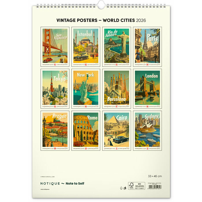 Calendrier Spirale 2026 Affiches Vintage Villes du Monde