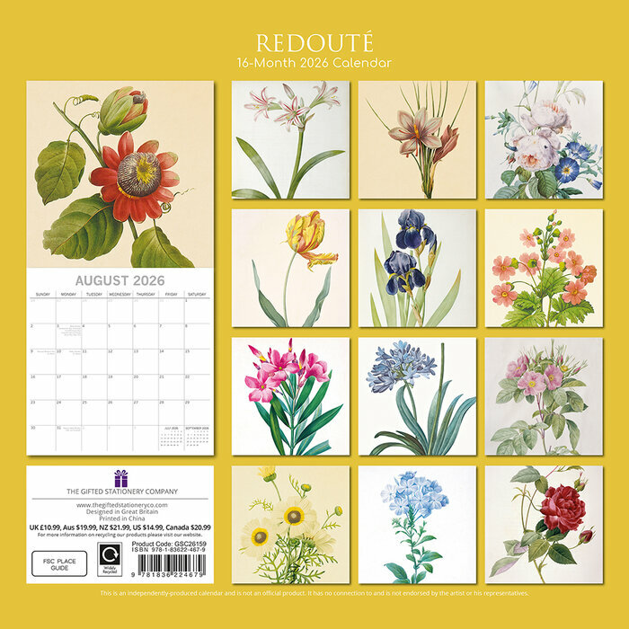 Calendrier  2026 Redouté Dessins Fleurs Botanique