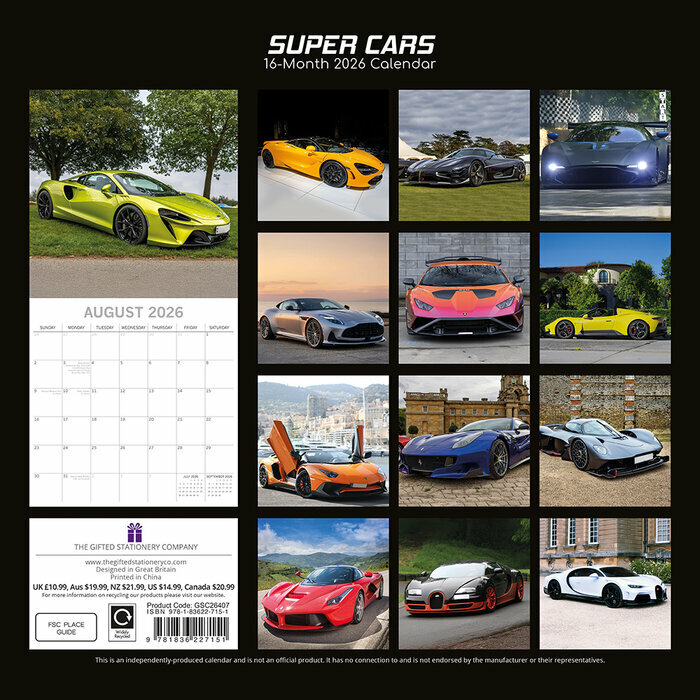 Calendrier Papier 2025 Voitures Super Cars 