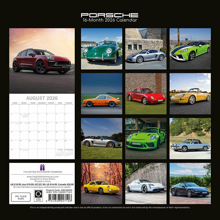 Calendrier 2026 Voitures Luxe Porsches