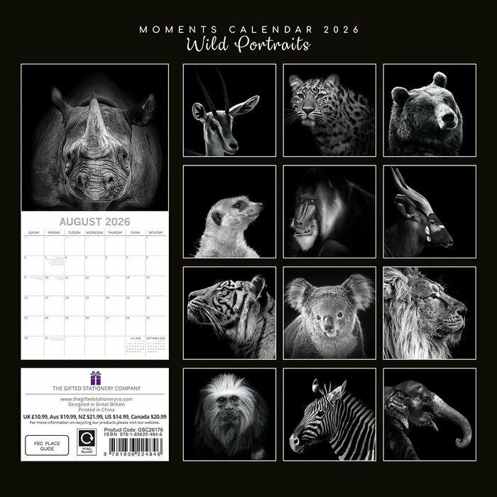 Calendrier 2026 Portraits Animaux Sauvages Noir et Blanc