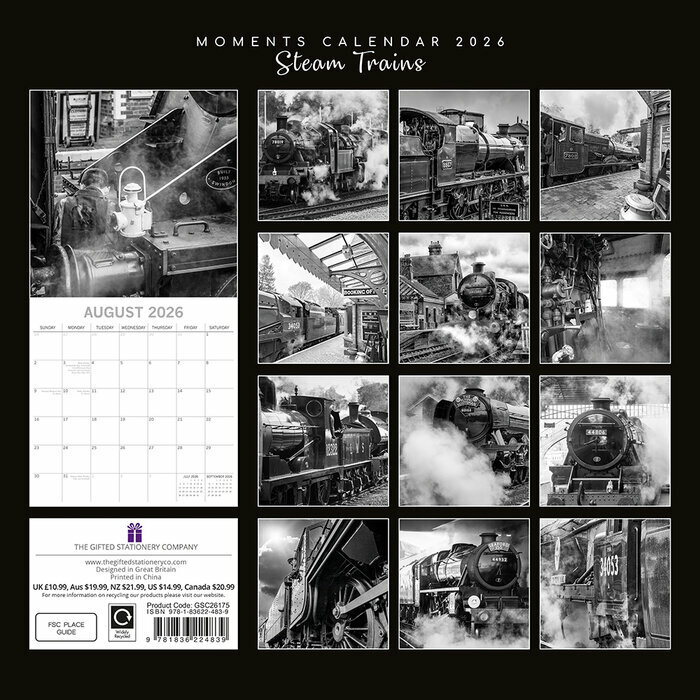Calendrier 2026 Train  Vapeur Noir et Blanc