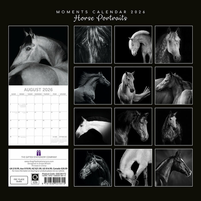 Calendrier 2026 Portraits Chevaux Noir et Blanc