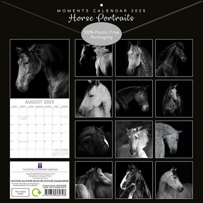 Calendrier Papier 2025 Portraits Chevaux Noir et Blanc