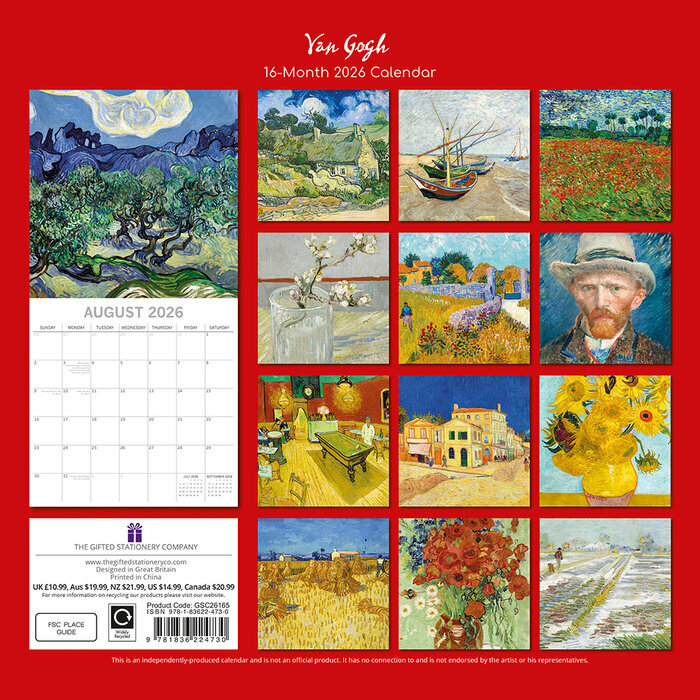 Calendrier 2026 Artiste Vincent Van Gogh