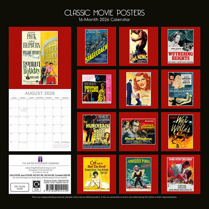 Calendrier mural 2026 Affiches Films Cultes Rétro Vintage