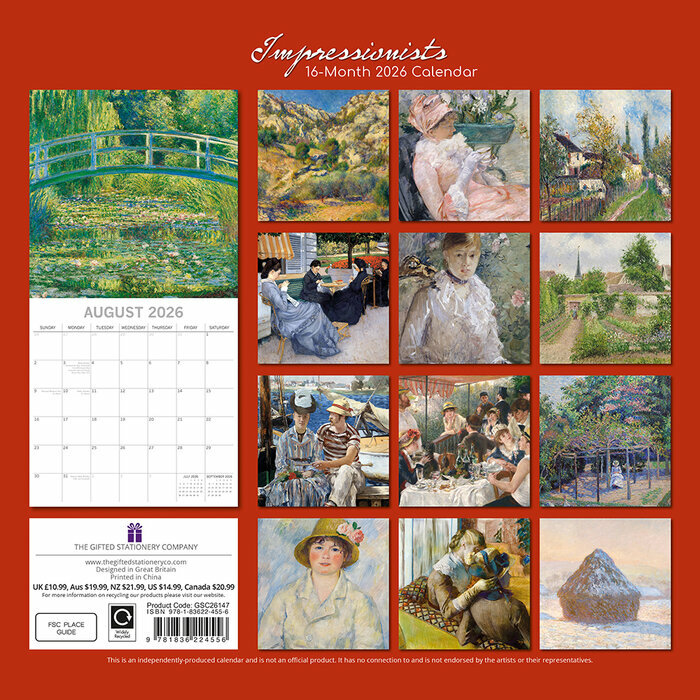 Calendrier  2026 Artistes Mouvement Impressionniste