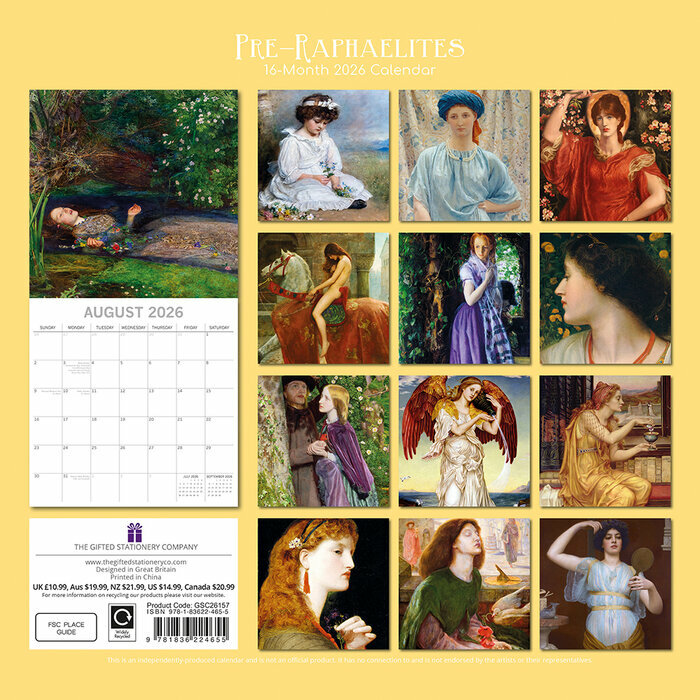 Calendrier  2026 Artistes Mouvement Pre-Raphaelite