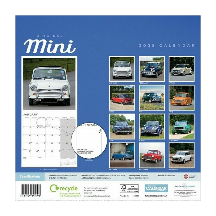 Calendrier Papier 2025 Voitures Mini Originale