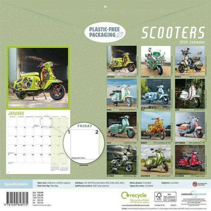 Calendrier Papier 2025 Scooters Vintage Rtro