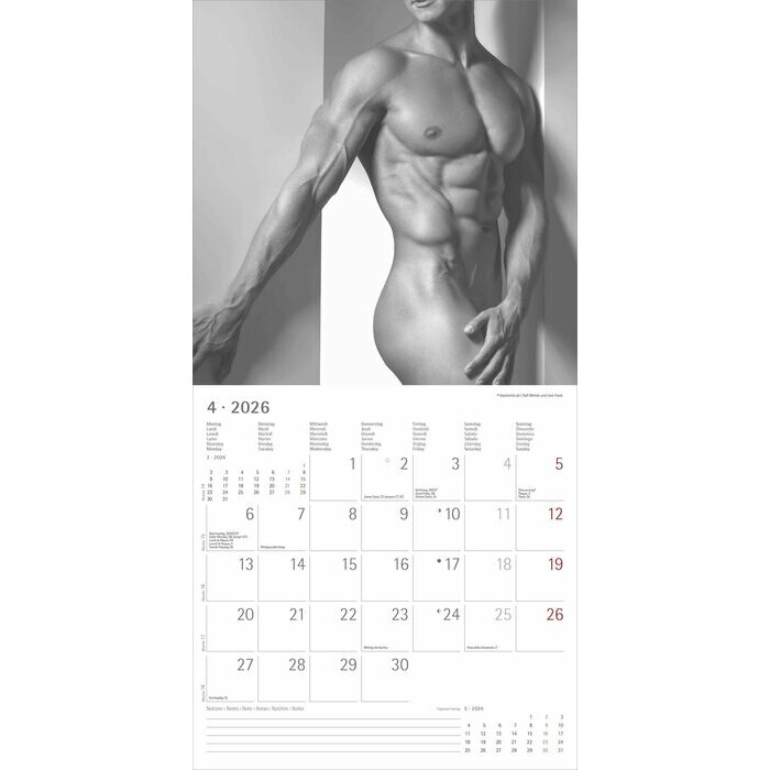 Calendrier 2026 Corps Homme Sexy nu noir et blanc
