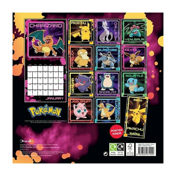 Calendrier Papier 2025 Pokémon Pikachu Dracofeu