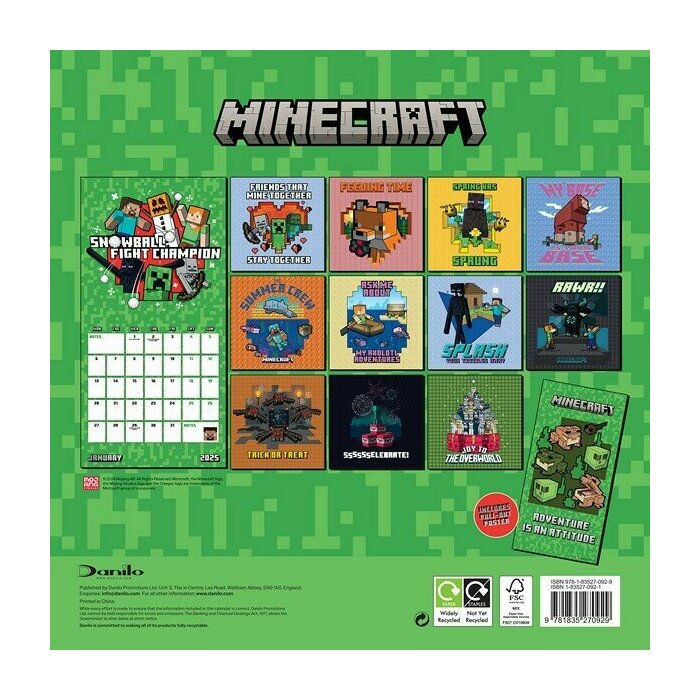 Calendrier Papier 2025 Minecraft Creepers