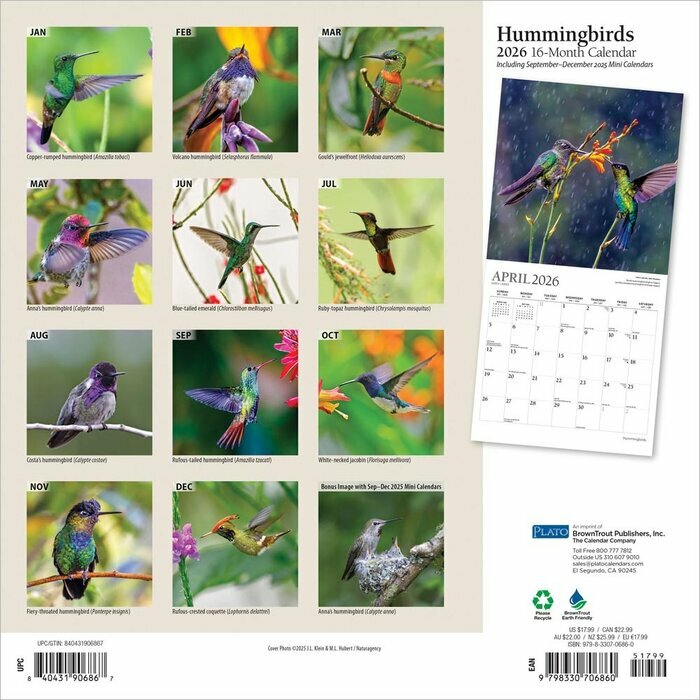 Calendrier 2026 Oiseaux Colibris