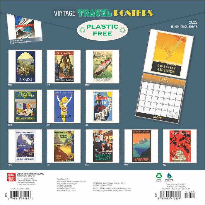 Calendrier Papier 2025 Voyages Rétro Affiches