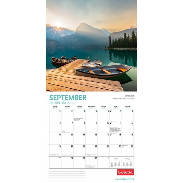 Calendrier 2026 Papier  Paysages et Couleurs du Canada