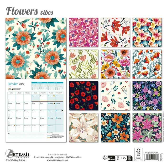 Calendrier papier 2026 Dessins Fleurs Illustrations
