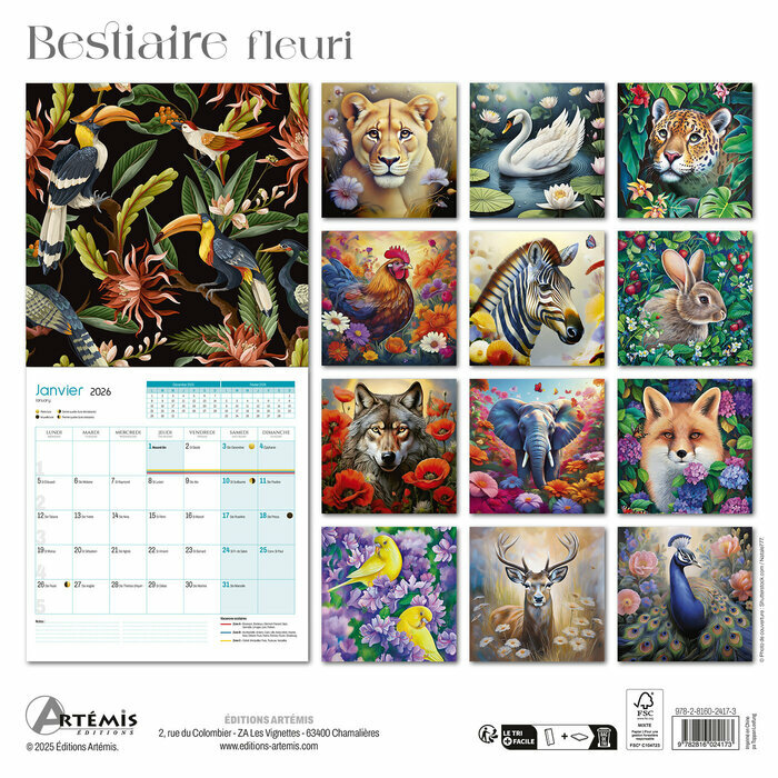 Calendrier 2026 papier  Bestiaire Portraits Animaux Fleuris
