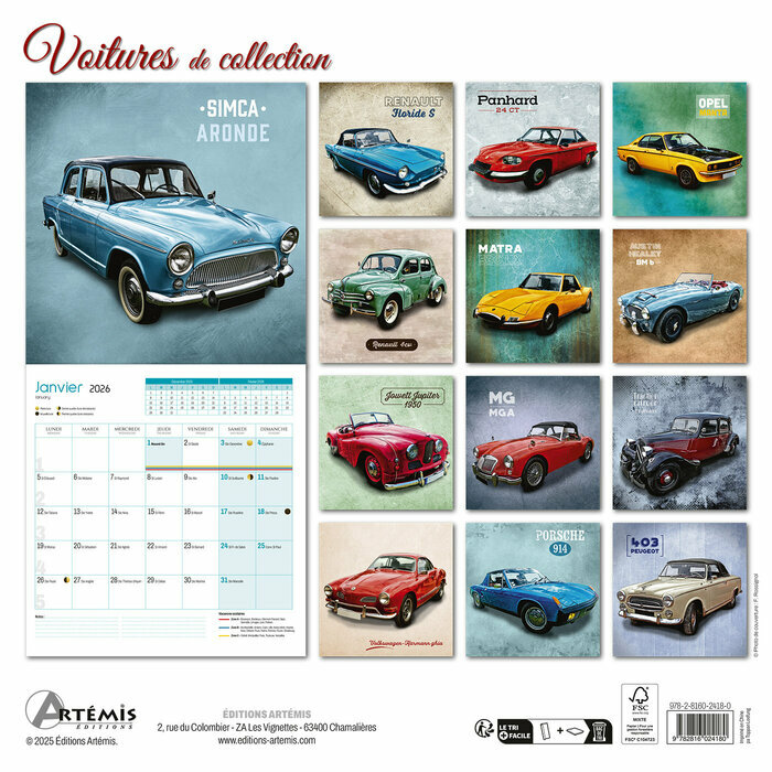 Calendrier 2026 papier Dessins Voitures Collection Vintage