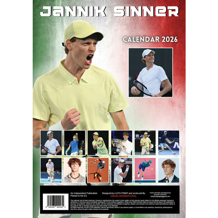 Calendrier 2026 papier Jannik Sinner Tennis Format A3