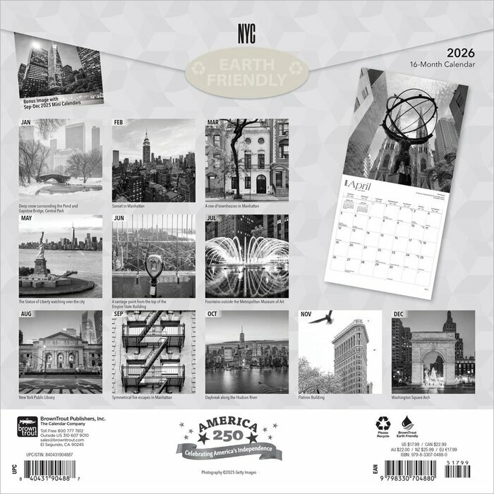 Calendrier Mural 2026 New York Etats-Unis Noir et Blanc