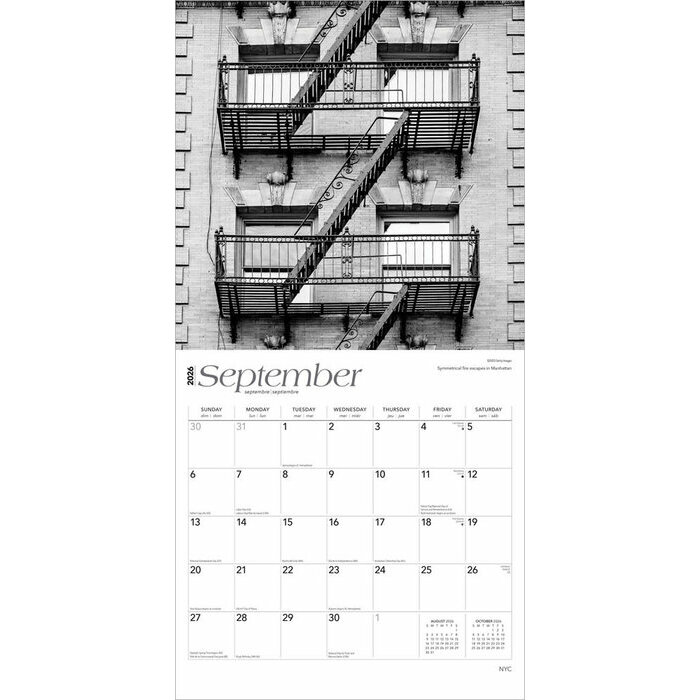 Calendrier Papier 2026 New York Etats-Unis Noir et Blanc