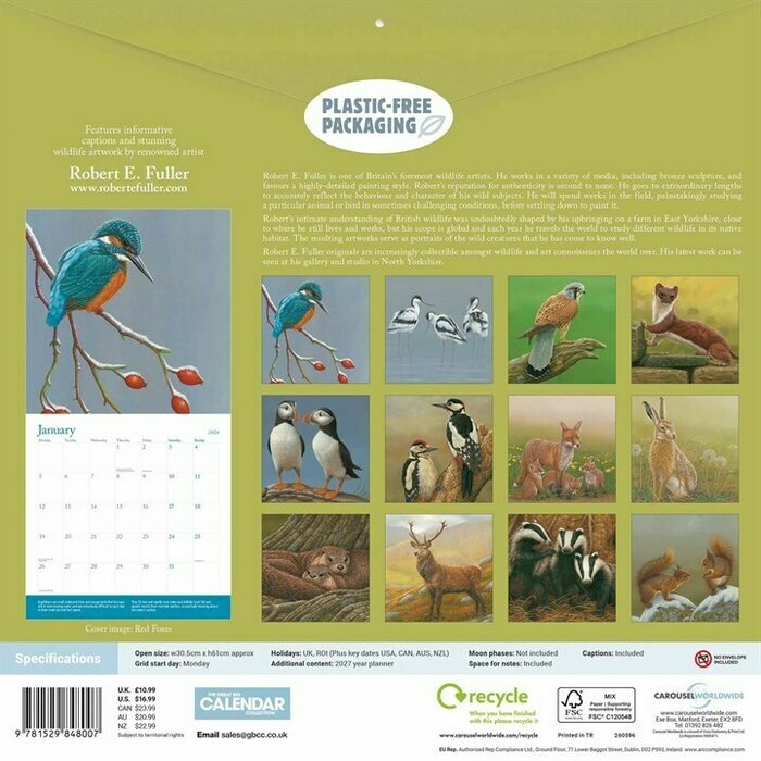 Calendrier Mural 2026 Dessins Art Animaux de la Forêt Robert Fuller