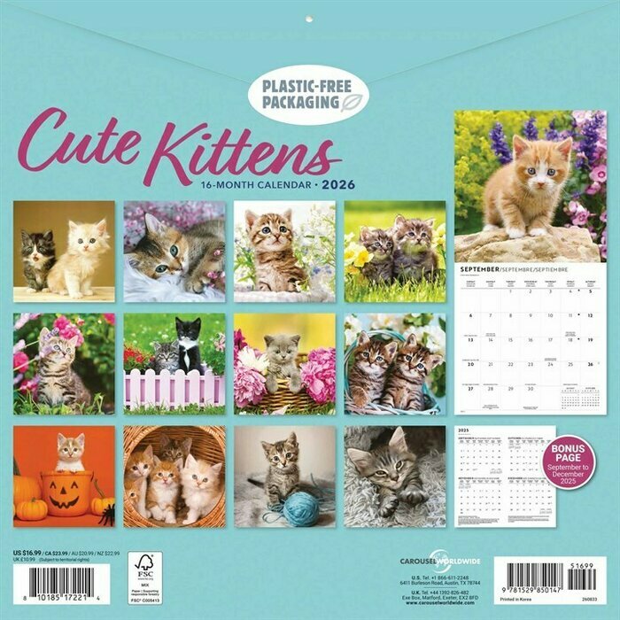 Calendrier Papier 2026 Chatons Mignons Fleuris