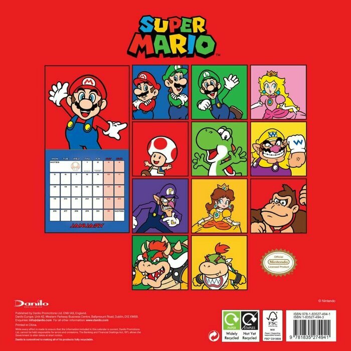 Calendrier papier 2026 Super Mario Jeu vido
