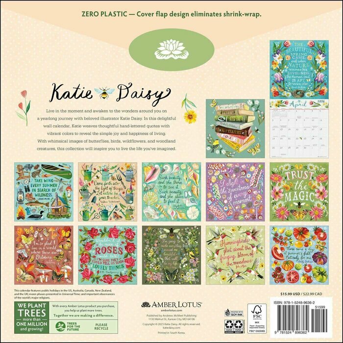 Calendrier 2026 mural  Illustrations Citations Fleurs Nature Katie Daisy
